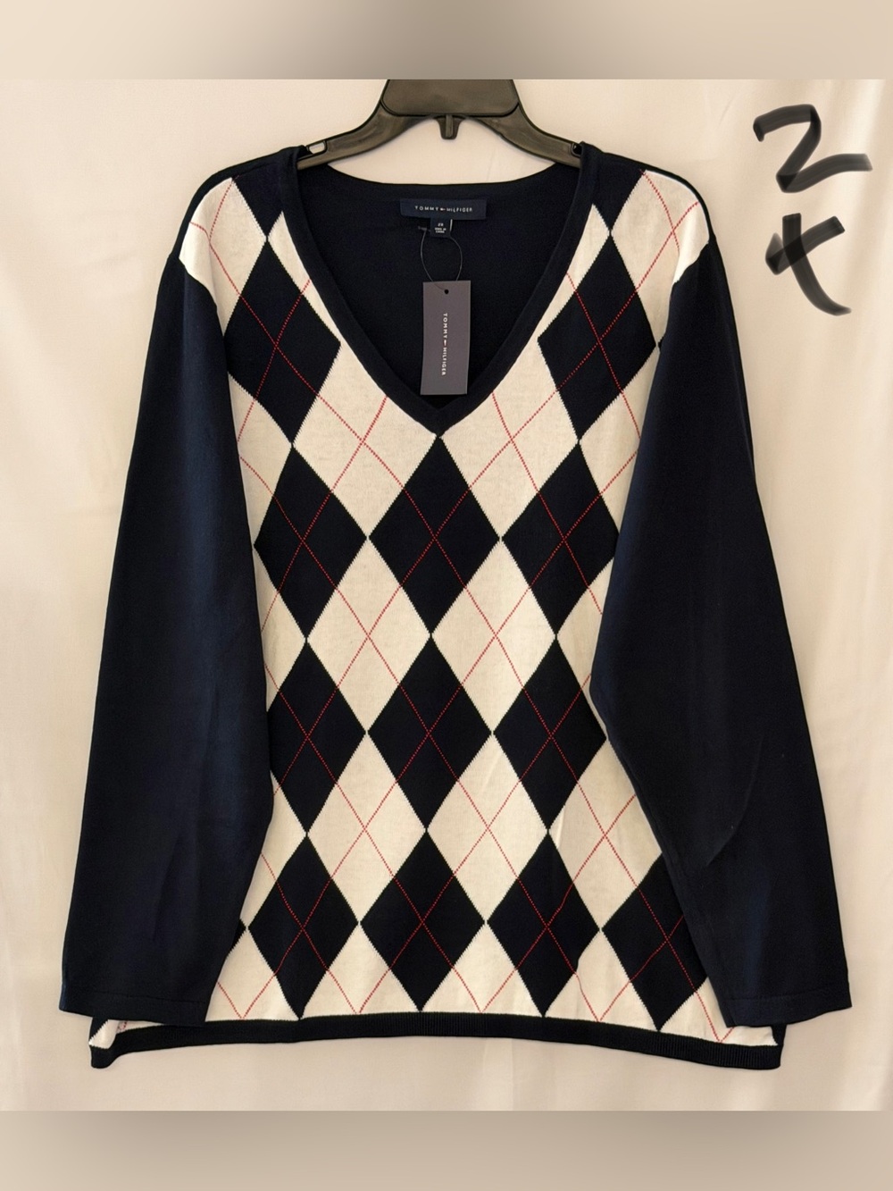 Tommy Hilfiger Navy, Cream & Red Argyle V-Neck Sweater